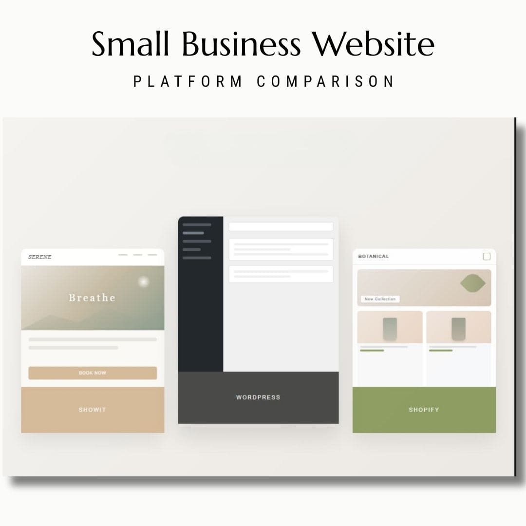 Small business website platform comparison showing Showit WordPress and Shopify interfaces