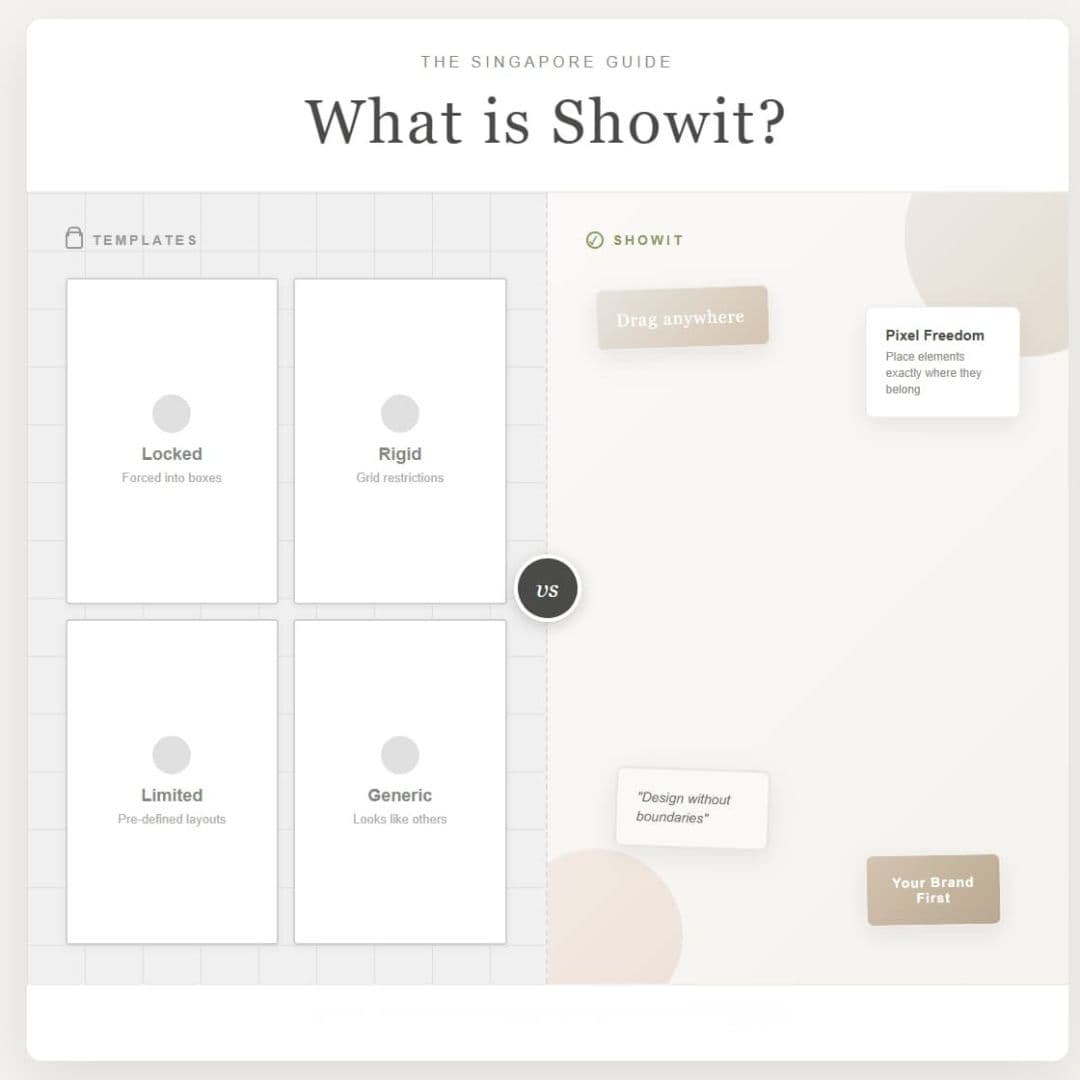 What is Showit website builder comparison showing template restrictions vs design freedom for Singapore wellness brands